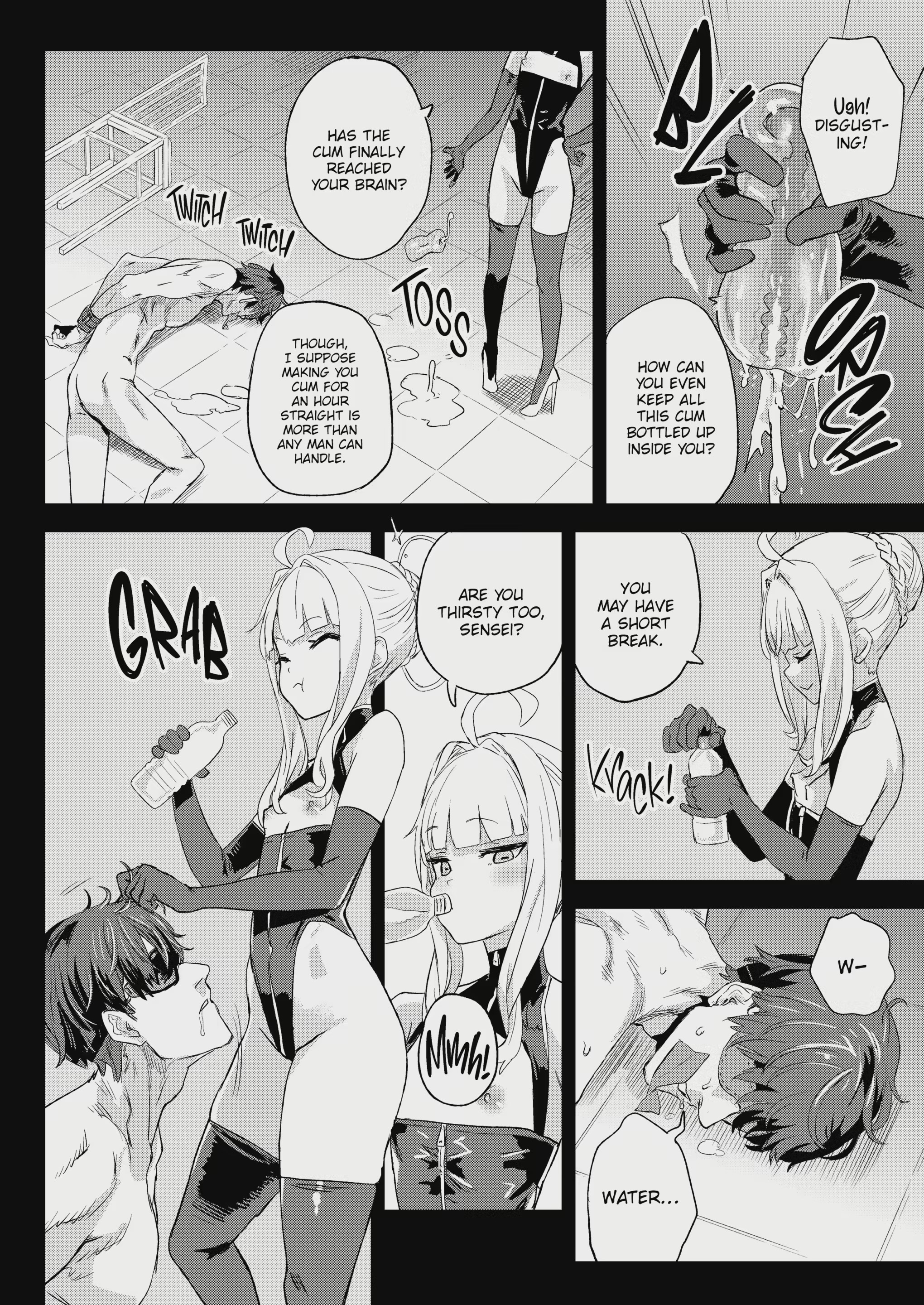 1boy, ahoge, asanagi, black and white, blue archive, blunt bangs, breasts, clothed female nude male, comic, dominant female, elbow gloves, female, femdom, gloves, kaya (blue archive), latex, latex thighhighs, leotard, male, monochrome, skindentation, small breasts, thighhighs