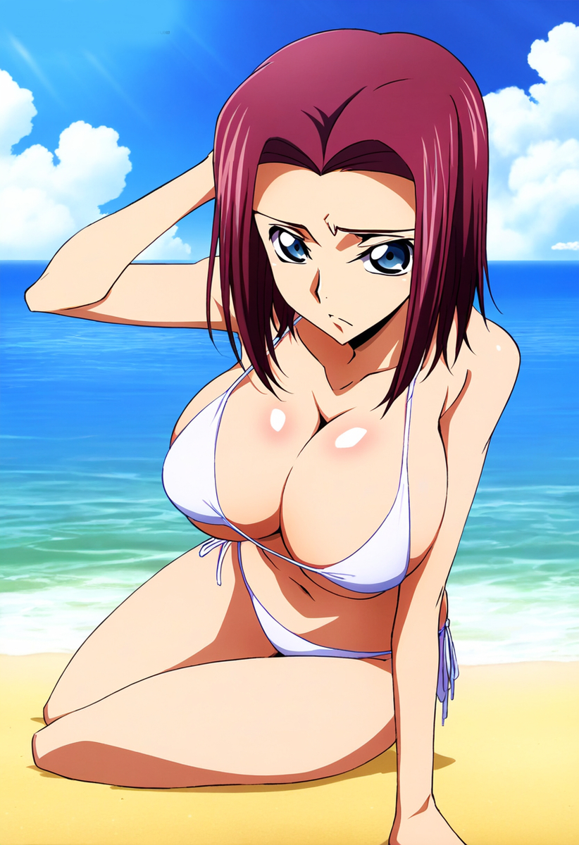 ai_generated beach_background big_breasts bikini bikini_bottom bikini_top blue_eyes cleavage code_geass different_hair_style dokidoki_ninja female female female_focus female_only hi_res high_resolution highres huge_breasts kallen_stadtfeld light-skinned_female perky_breasts red_hair sand small_bikini solo solo_female solo_focus thin_female water white_bikini