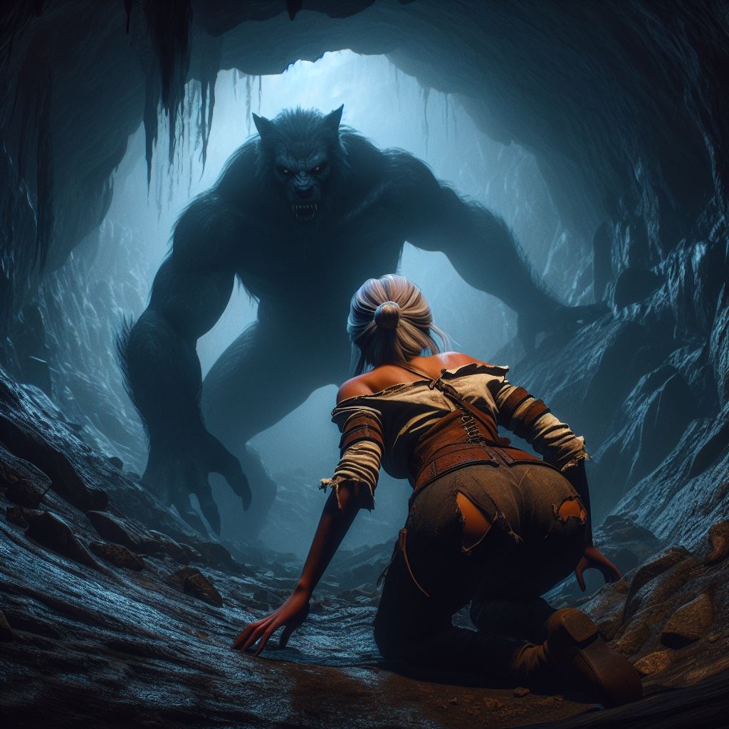 ai generated, ass, before rape, big ass, ciri, clothing, female, imminent rape, light skin, light-skinned female, monster, the witcher (series), the witcher 3: wild hunt, werewolf, white hair, witcherzonensfw