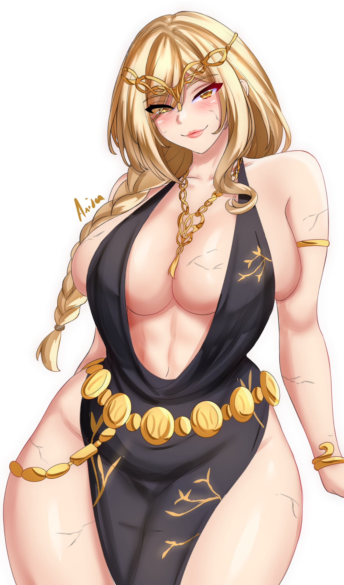 1girls alternate_hairstyle anisdrawn blonde_hair breasts cleavage dress elden_ring female fromsoftware hi_res hips huge_breasts light-skinned_female light_skin long_hair queen_marika_the_eternal thick_thighs thighs white_background wide_hips