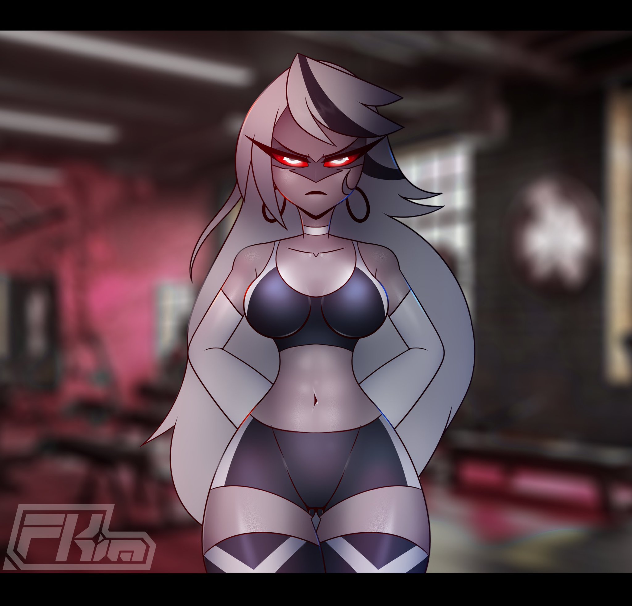 1girls, booty shorts, breasts, carmilla carmine, demon, demon girl, female, female only, fkimnsfw, grey body, grey skin, hazbin hotel, medium breasts, red eyes, red sclera, sports bra, sports shorts, thick thighs, vivienne medrano, white hair
