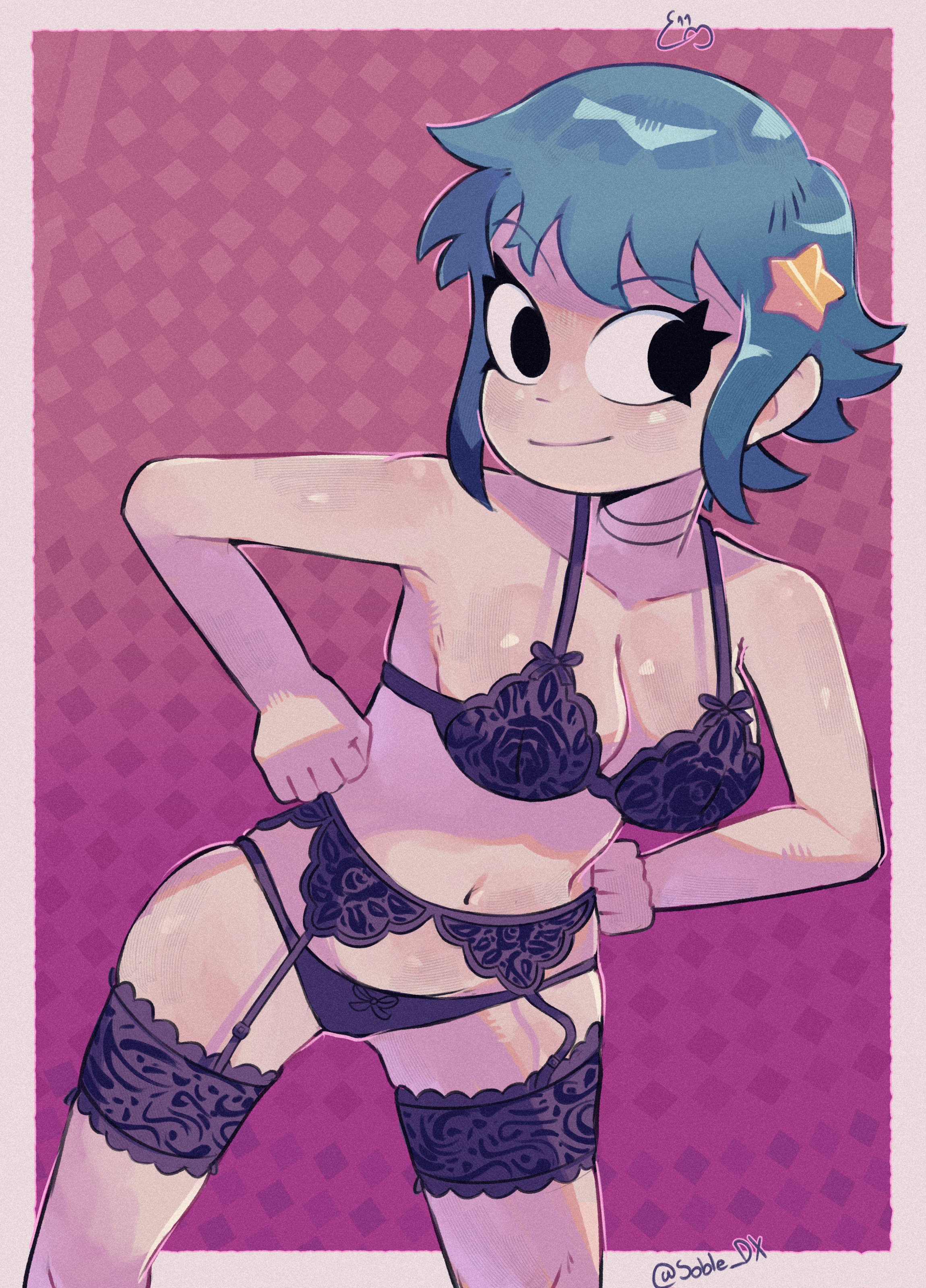 1girls, black eyes, black underwear, female, garter belt, garter straps, green hair, hair ornament, hands on hips, purple hair, ramona flowers, scott pilgrim, short hair, soble dx, solo, solo female, star, twitter link, two-tone hair, underwear