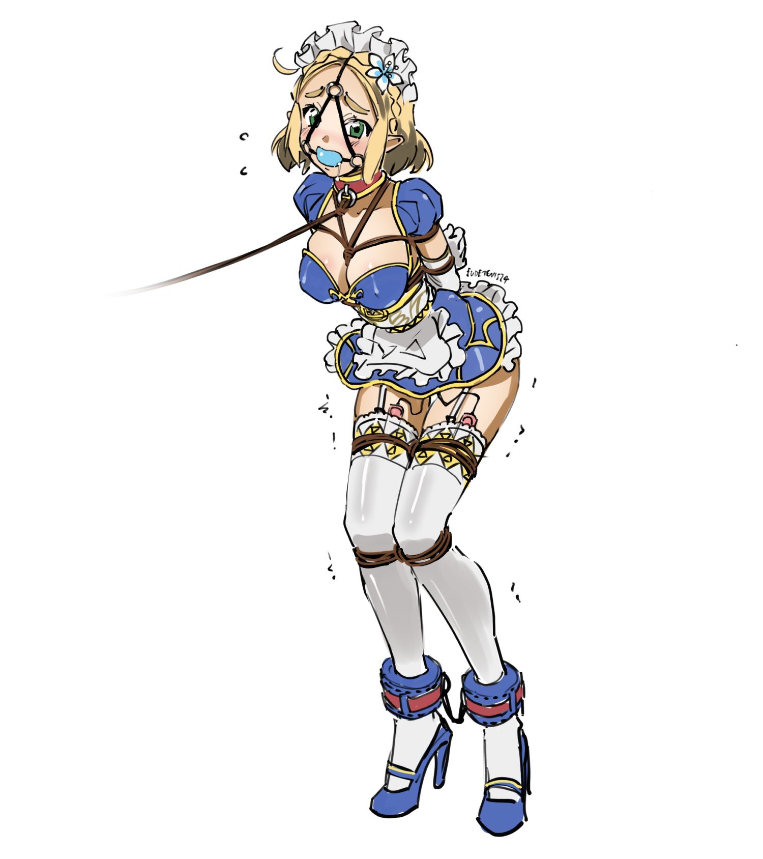 1girls, alternate costume, arms behind back, bad end, ball gag, bitch taken for walk, blonde hair, blue ball gag, bondage, bound, captured, captured heroine, clothed, collar, damsel in distress, defeated, defeated heroine, domination, enslaved, enslaved royal, eudetenis, female, female focus, female only, femsub, forced, forced exposure, forced submission, fully clothed, gag, gagged, game over, green eyes, harness gag, heels, helpless, humiliation, kidnapped, leash, maid, maid headdress, maid uniform, male, maledom, nintendo, pointy ears, princess, princess zelda, restrained, rope, rope bondage, royalty, sad, sad sub, scared, sex slave, sex toy, slave, slave girl, sole female, solo, stockings, story, submissive, submissive female, sweat, tears of the kingdom, the legend of zelda, tied, tied up, trembling, unhappy, unhappy female, vibrator, walking, worried, zelda (tears of the kingdom)