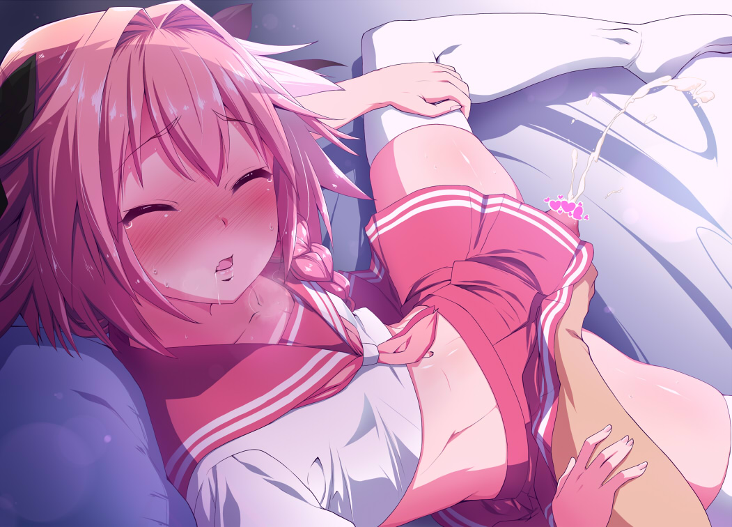 2boys, ascot, astolfo (fate), blush, braid, censored, collarbone, crossdressing, cum, ejaculation, eyebrows visible through hair, fate (series), fate/apocrypha, femboy, handjob, heart, heart censor, long hair, male, midriff, multiple boys, multiple males, natsumi akira, navel, open mouth, penis, pink hair, pov, shiny, shiny skin, skirt, solo focus, sweat, tears, textless, thighhighs, trap, white legwear, yaoi
