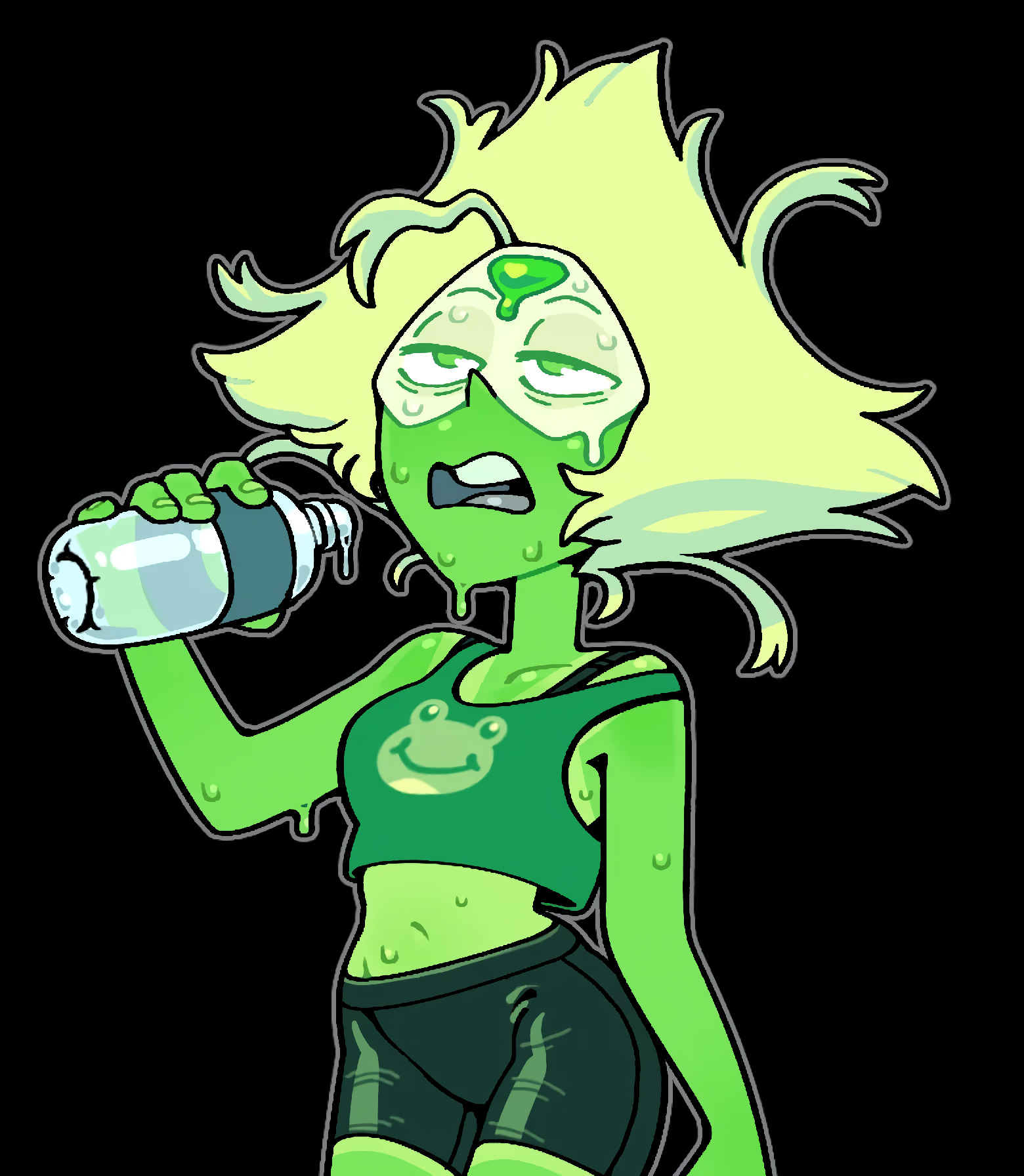 2d, cartoon network, clothing, discount-supervillain, female, female only, gem (species), green body, green eyes, green skin, peridot (steven universe), solo, solo female, standing, steven universe, sweat, sweating, sweaty, sweaty body, sweaty face, tight clothing, tired