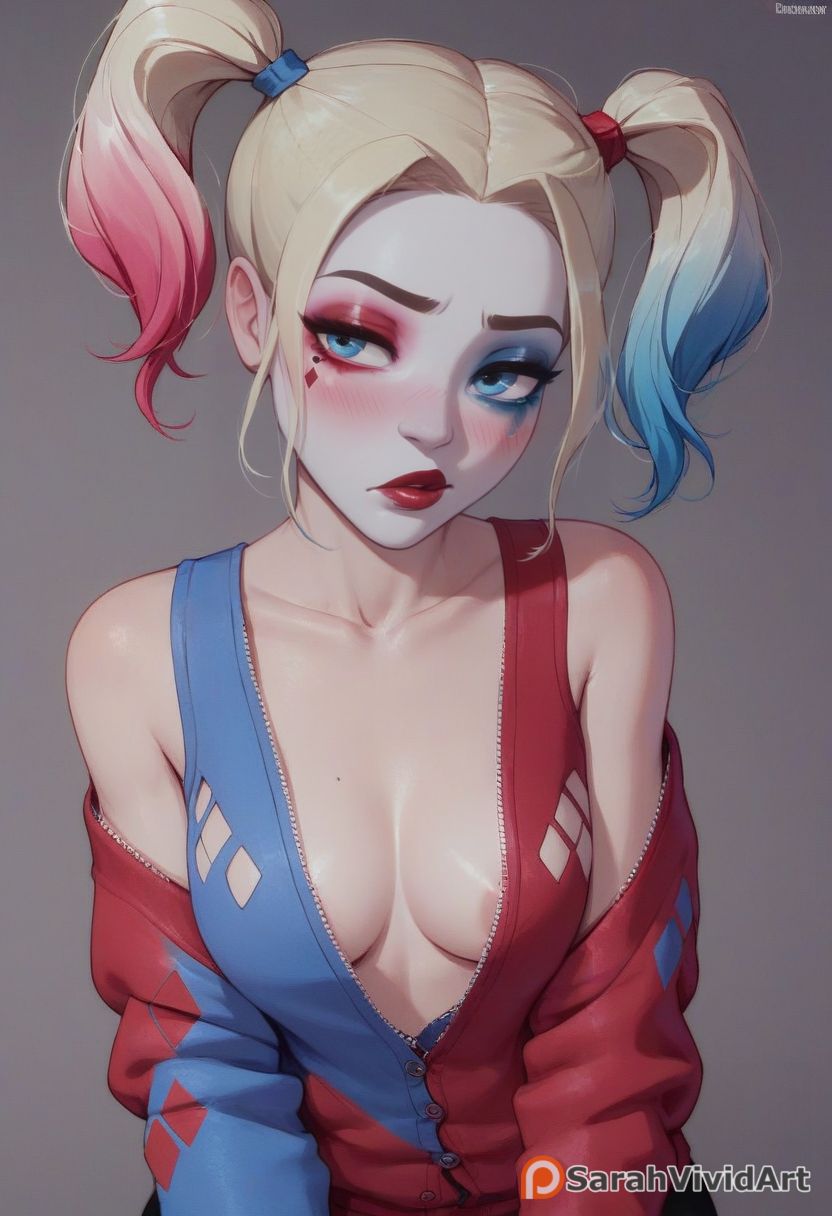 1girls, ai generated, areola slip, blonde hair, blue highlights, blush, bored, breasts, cleavage, colored hair, dc, dc comics, dyed hair, face paint, facepaint, female, female focus, harley quinn, looking away, makeup, off shoulder, open shirt, petite body, pink highlights, sarahvividart, seductive, short hair, sideboob, small breasts, solo, solo focus, twintails, unimpressed, unzipped, white face
