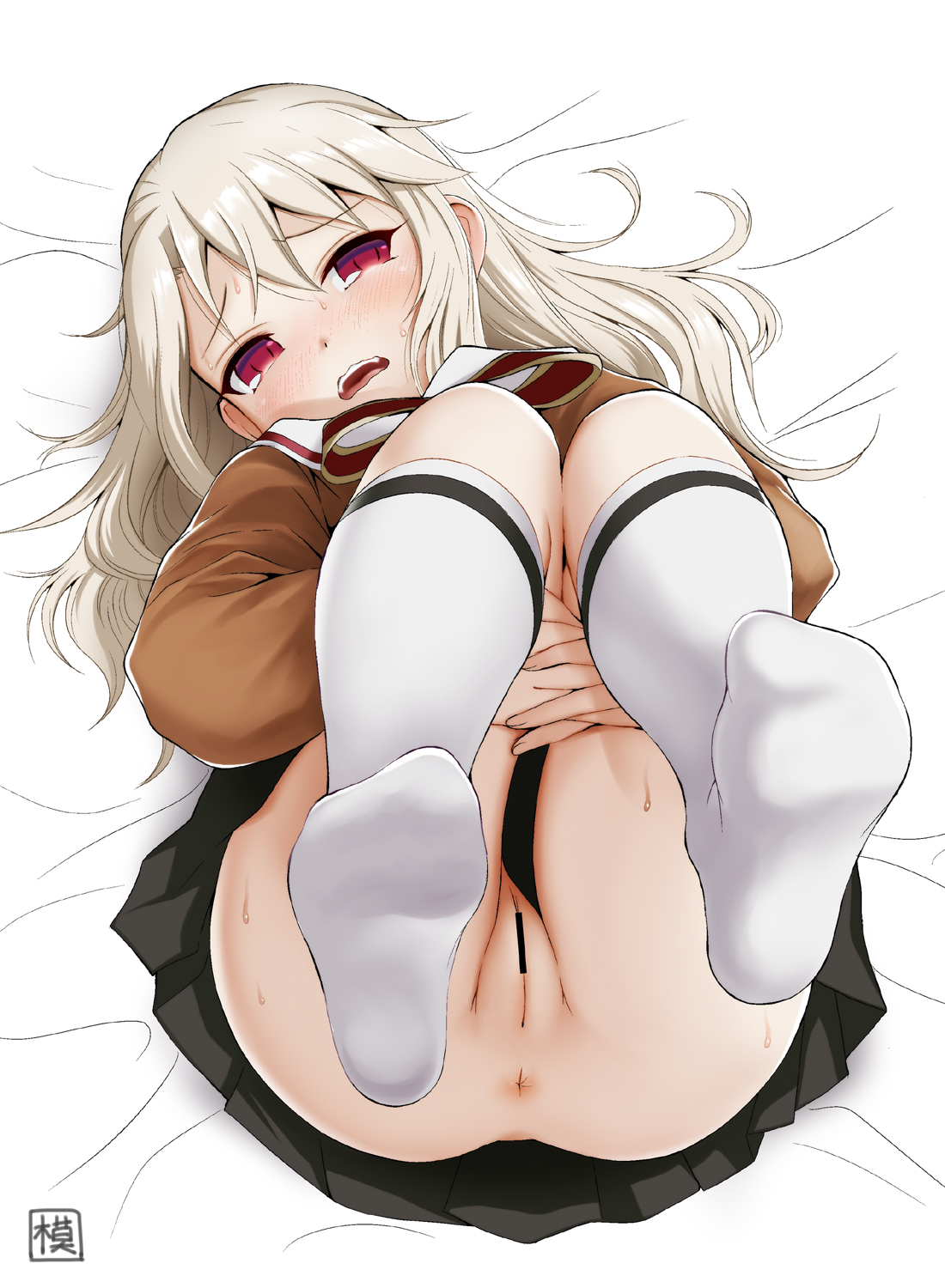 anus, ass, bar censor, black ribbon, black skirt, cameltoe, censored, fate (series), fate/kaleid liner prisma illya, feet, female, hair between eyes, has uncensored version, illyasviel von einzbern, leg hug, long hair, long sleeves, looking at viewer, lying, mogidan, no panties, on back, open mouth, pointless censoring, pussy, red eyes, ribbon, school uniform, skirt, socks, solo, sweat, teeth, two-tone ribbon