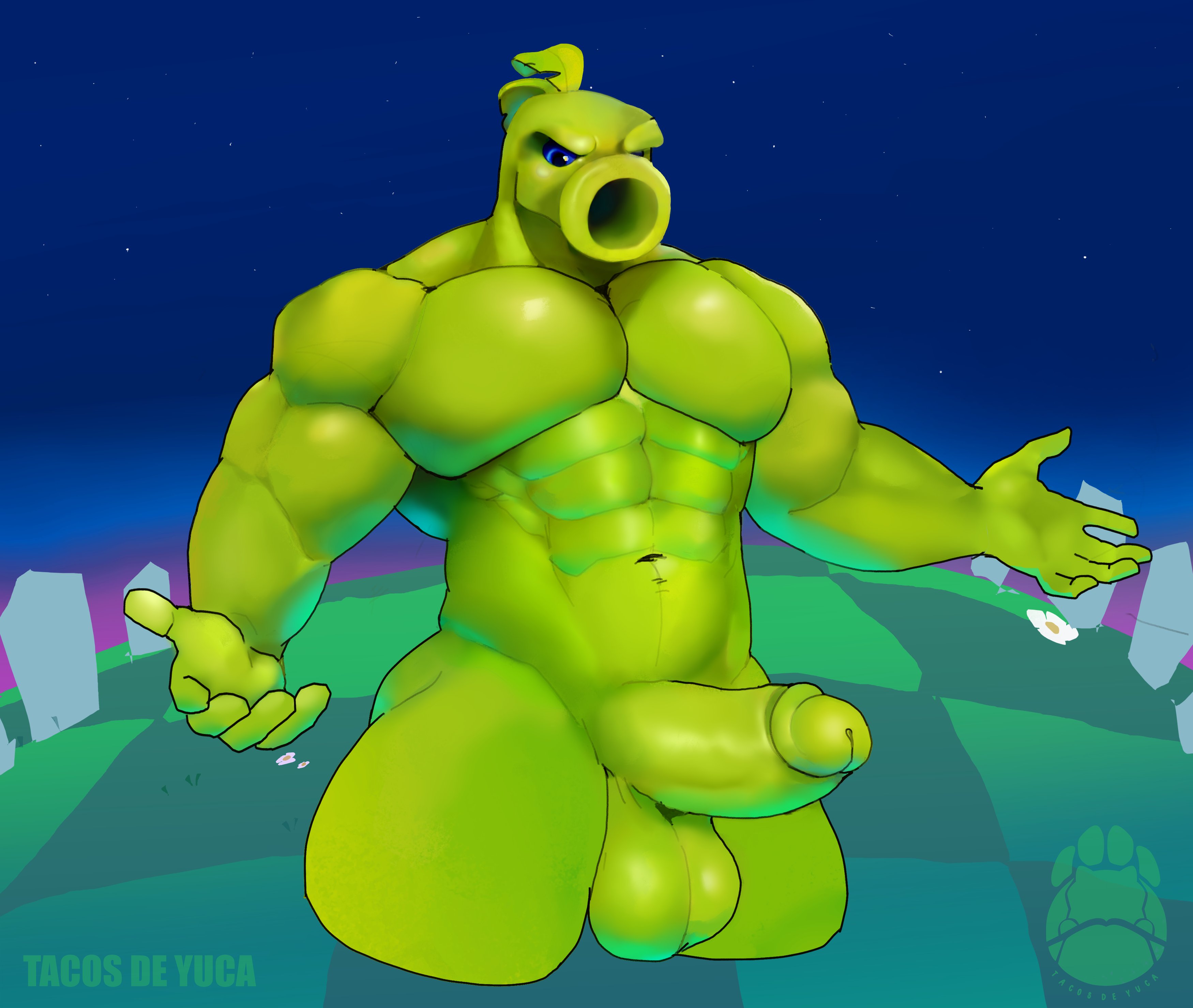 :>=, abs, anthro, anthrofied, balls, ballsack, bara, completely nude, erect penis, erection, gay, humanoid, humanoid genitalia, humanoid penis, male, male only, muscular, muscular anthro, muscular male, nude, nude male, peashooter (pvz), pecs, pectorals, penis, plant, plants vs zombies, solo, solo focus, solo male, tacos de yuca, yaoi