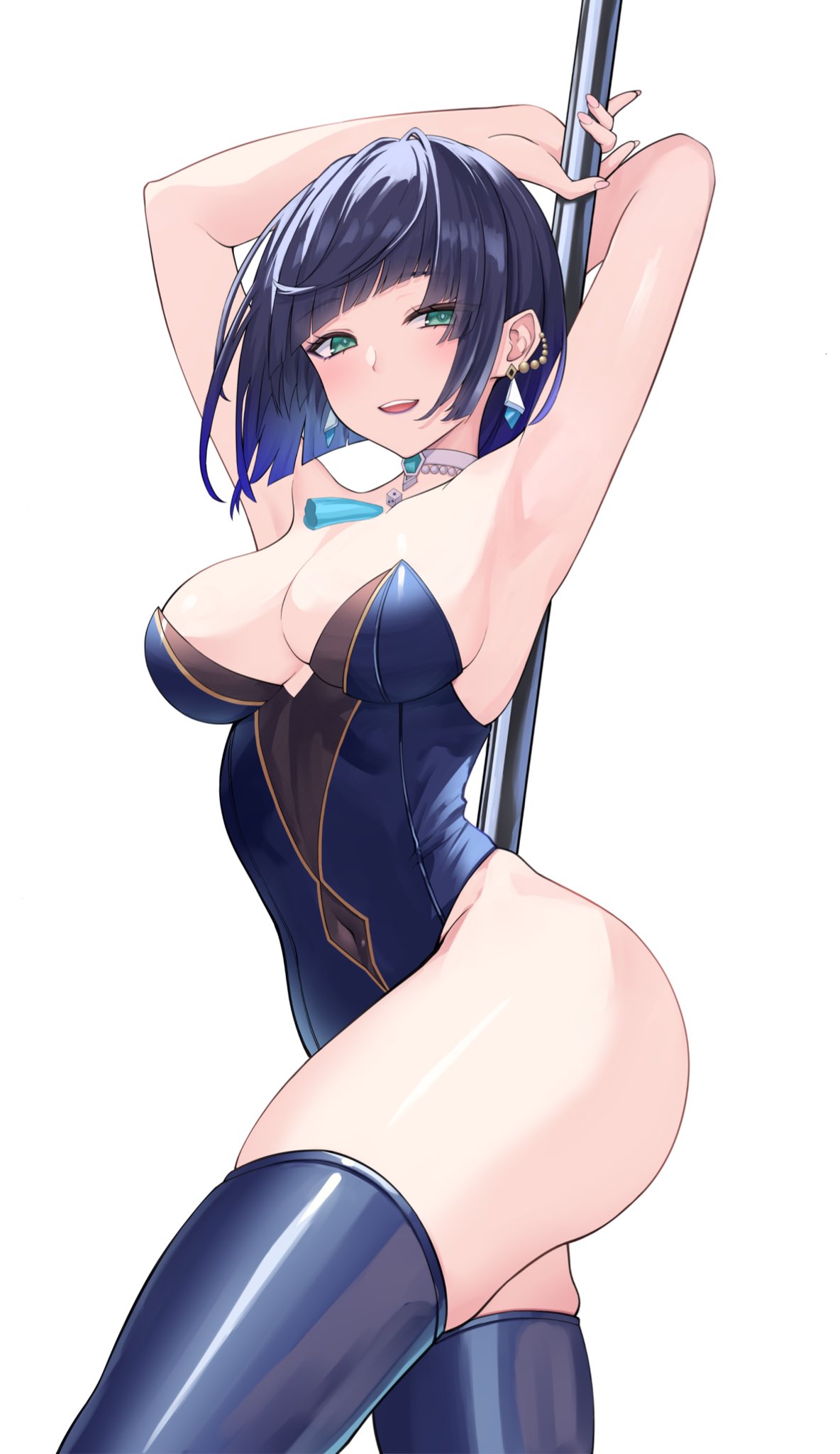 1girls arms_behind_head big_breasts blue_hair bunnysuit cleavage female female_focus female_only genshin_impact hourglass_figure hoyoverse light-skinned_female light_skin looking_at_viewer mature_female mikoto_paint pole pole_dancing short_hair simple_background smiling_at_viewer solo solo_female standing thighhighs white_background yelan_(genshin_impact)