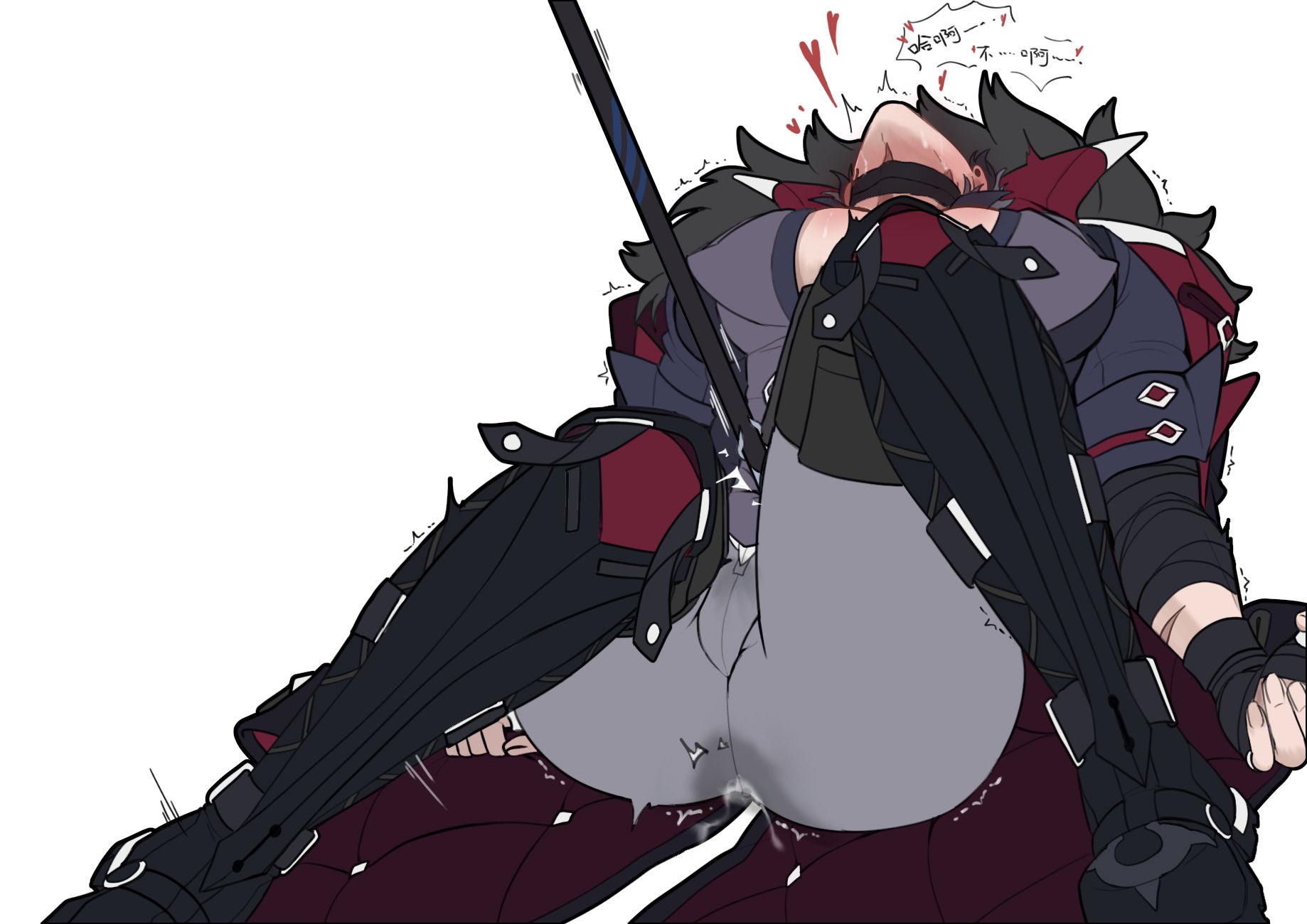 1boy, bulge, clothed, cum, gay, genshin impact, juju eateatuwu, male, male only, malesub, solo, solo male, wriothesley (genshin impact), yaoi