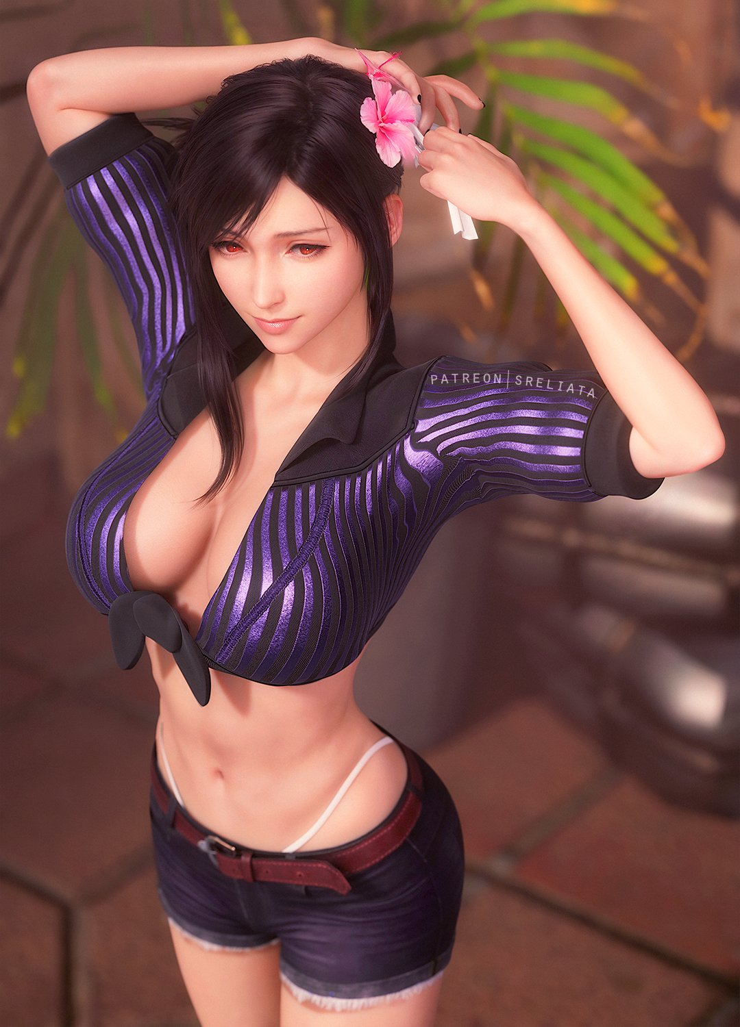 3d 3d_(artwork) artist_name beach beach_outfit big_breasts black_hair cleavage costa_del_sol final_fantasy final_fantasy_vii final_fantasy_vii_remake fit_female flower flower_in_hair hair_ornament highres hotpants hourglass_figure long_hair posing red_eyes ribbon shorts sreliata_(artist) string_panties tied_hair tied_shirt tifa_lockhart tight_shorts toned visible_panties