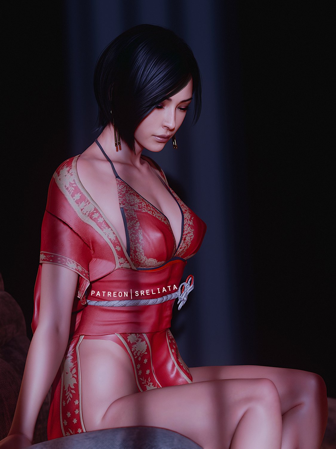 3d ada_wong ada_wong_(adriana) artist_name asian asian_female bedroom chinese_clothes closed_eyes earrings jewelry mesh_clothing nightgown patreon posing resident_evil resident_evil_4_remake sitting sreliata_(artist)