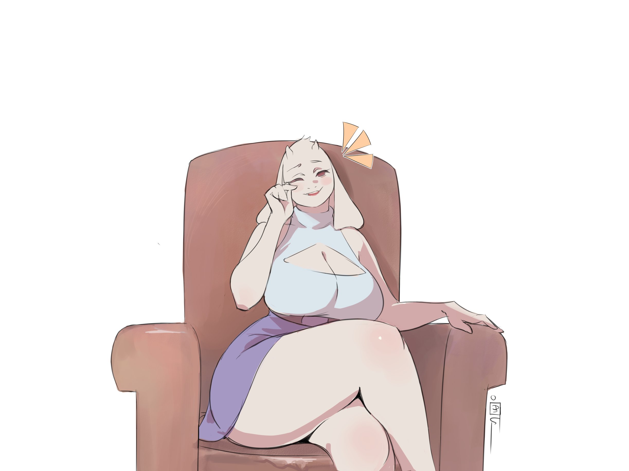anthro, big breasts, bovid, breasts, caprine, cleavage, cleavage cutout, clothed, clothing, crossed legs, cutout, female, fur, goat, hi res, horn, mammal, mature anthro, mature female, milf, oanju, oanju , one eye closed, simple background, sitting, solo, thick thighs, toriel, undertale, undertale (series), white background, white body, white fur, wide hips