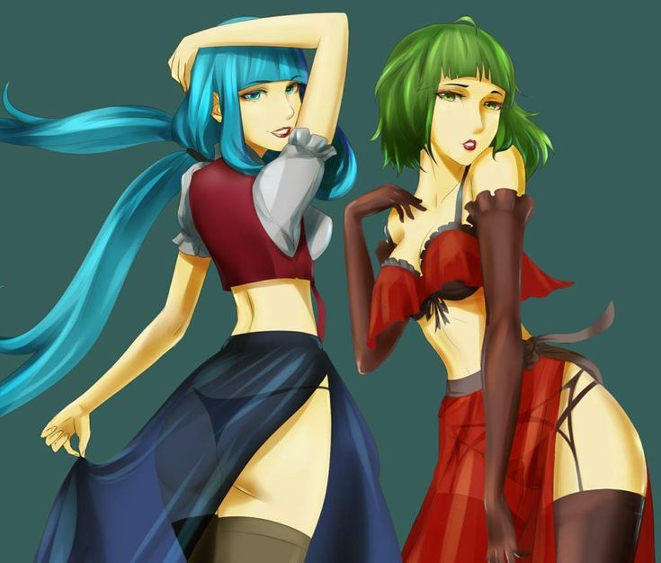 2girls ahoge aqua_eyes aqua_hair ass back_view black_bra black_panties black_thighhighs blue_background blue_skirt blunt_bangs bra brass_noise_flamenco_(vocaloid) breasts brown_gloves cleavage collarbone elbow_gloves eyebrows eyebrows_visible_through_hair eyelashes eyelashes_visible_through_hair garter_belt garter_straps gloves green_eyes green_hair grey_shirt grey_thighhighs gumi hair_tie hatsune_miku lace_trim layered_clothing long_gloves long_hair looking_at_viewer makeup masa_works_design md5_mismatch medium_hair medium_length_hair multiple_girls mv_character panties red_lips red_lipstick red_skirt see-through_clothing see-through_skirt shirt short_sleeves simple_background skirt skirt_lift skirt_lifted_by_self teeth thighhighs third-party_source twintails underwear unknown_artist vocaloid