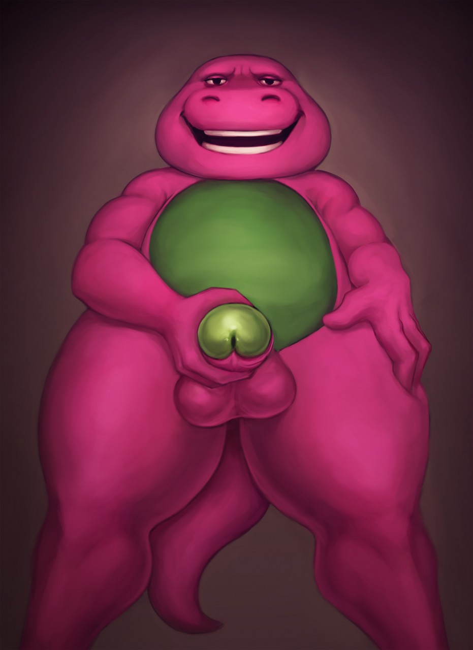 2017 anthro balls barney_and_friends barney_the_dinosaur biped dagapuff digital_media_(artwork) dinosaur glans humanoid_penis looking_at_viewer low-angle_view male male_only nude open_mouth penis pink_balls purple_scales purple_skin scales scalie simple_background slightly_chubby smile solo standing theropod thick_thighs tyrannosaurus_rex