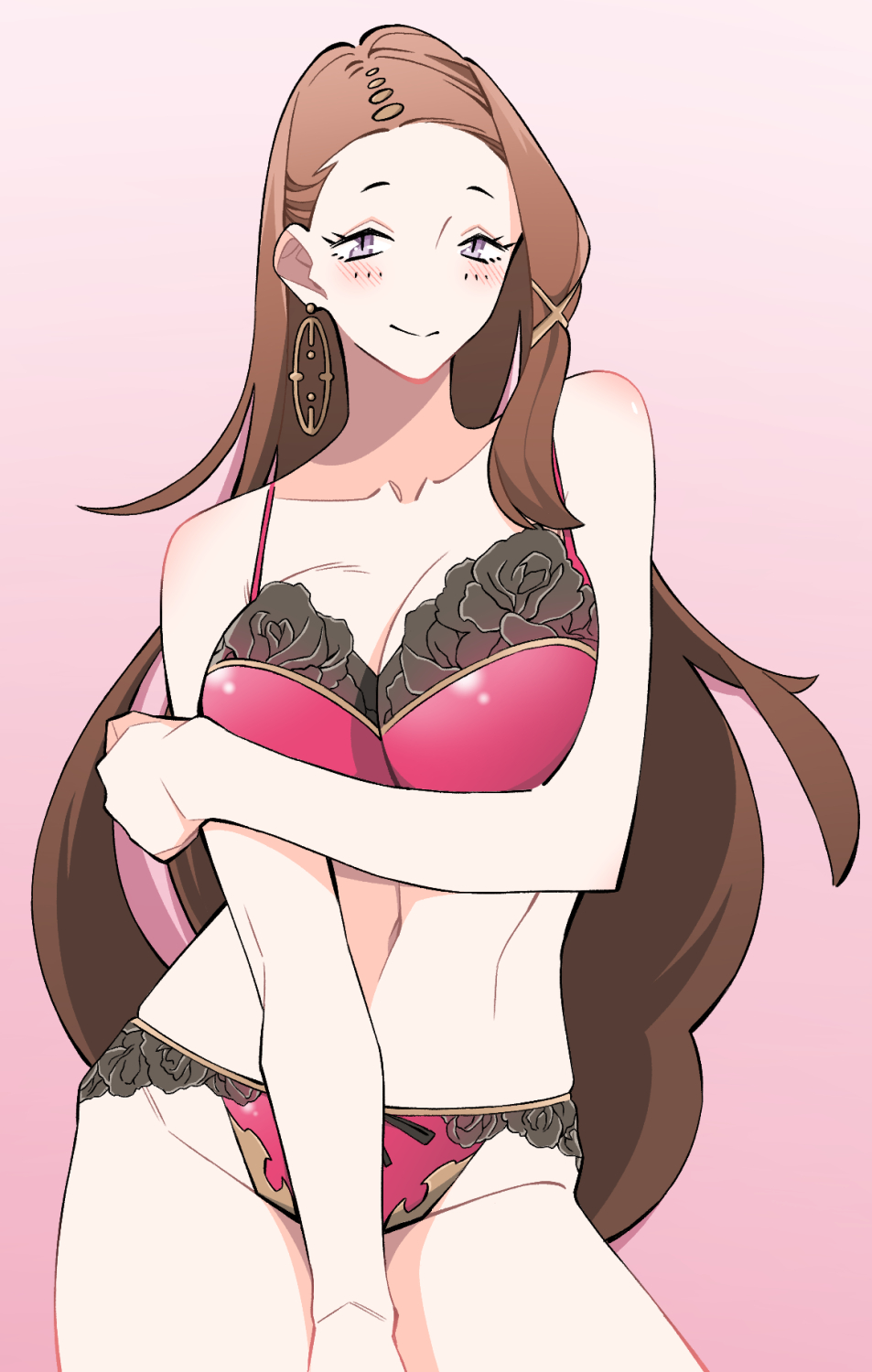 bikini blue_eyes brown_hair cleavage grimms_notes huge_breasts kino5kinoko long_hair mona_lisa_(grimms_notes) pink_background smile