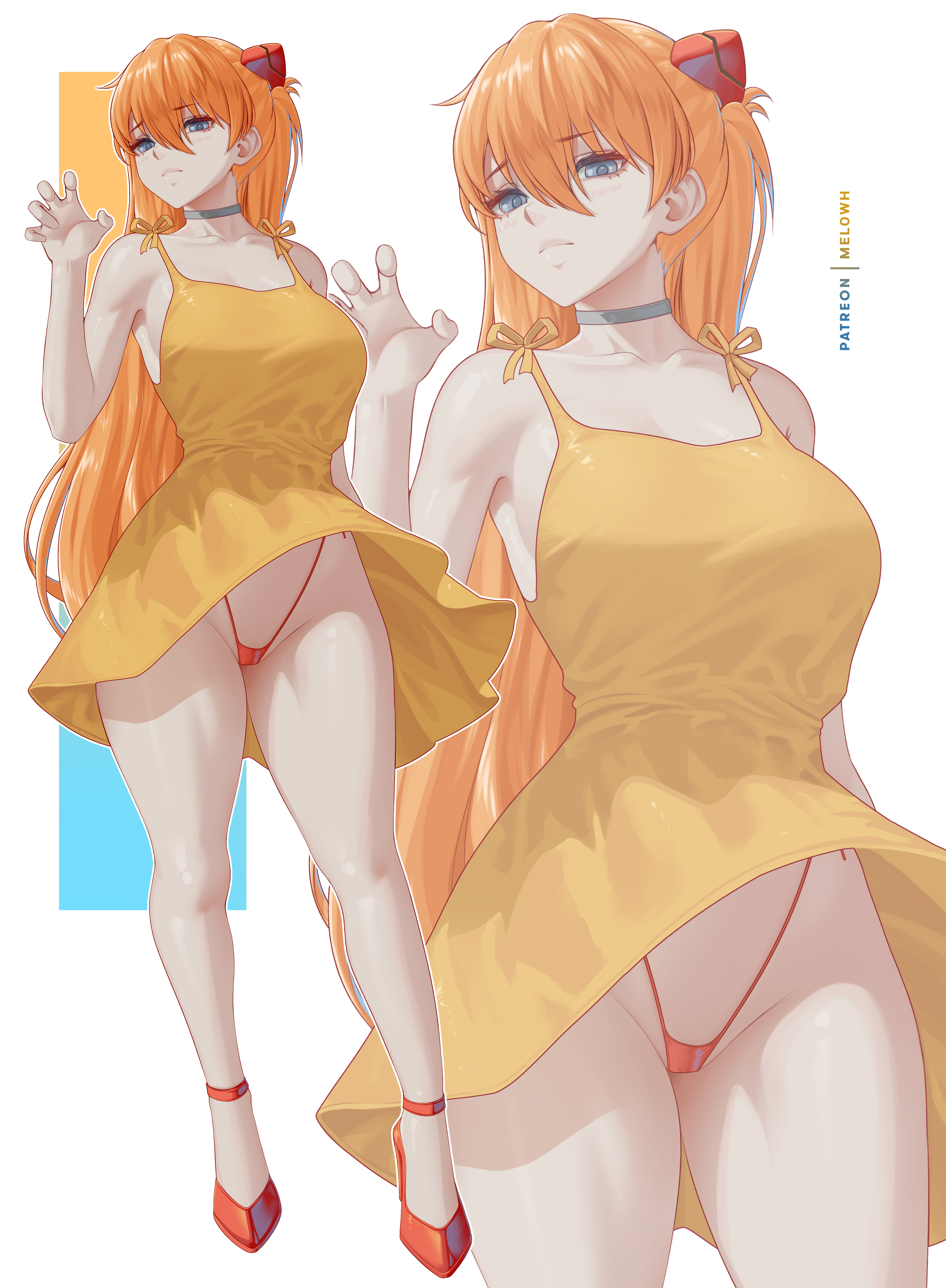 1girls, armpits, arms up, asuka langley sohryu, blue eyes, breasts, choker, dress, female, female only, hi res, high heels, high quality, high resolution, highres, lifting skirt, light skin, light-skinned female, long hair, looking at viewer, medium breasts, melowh, neon genesis evangelion, orange hair, panties, red hair, simple background, solo, sundress, thick thighs, thighs, thong