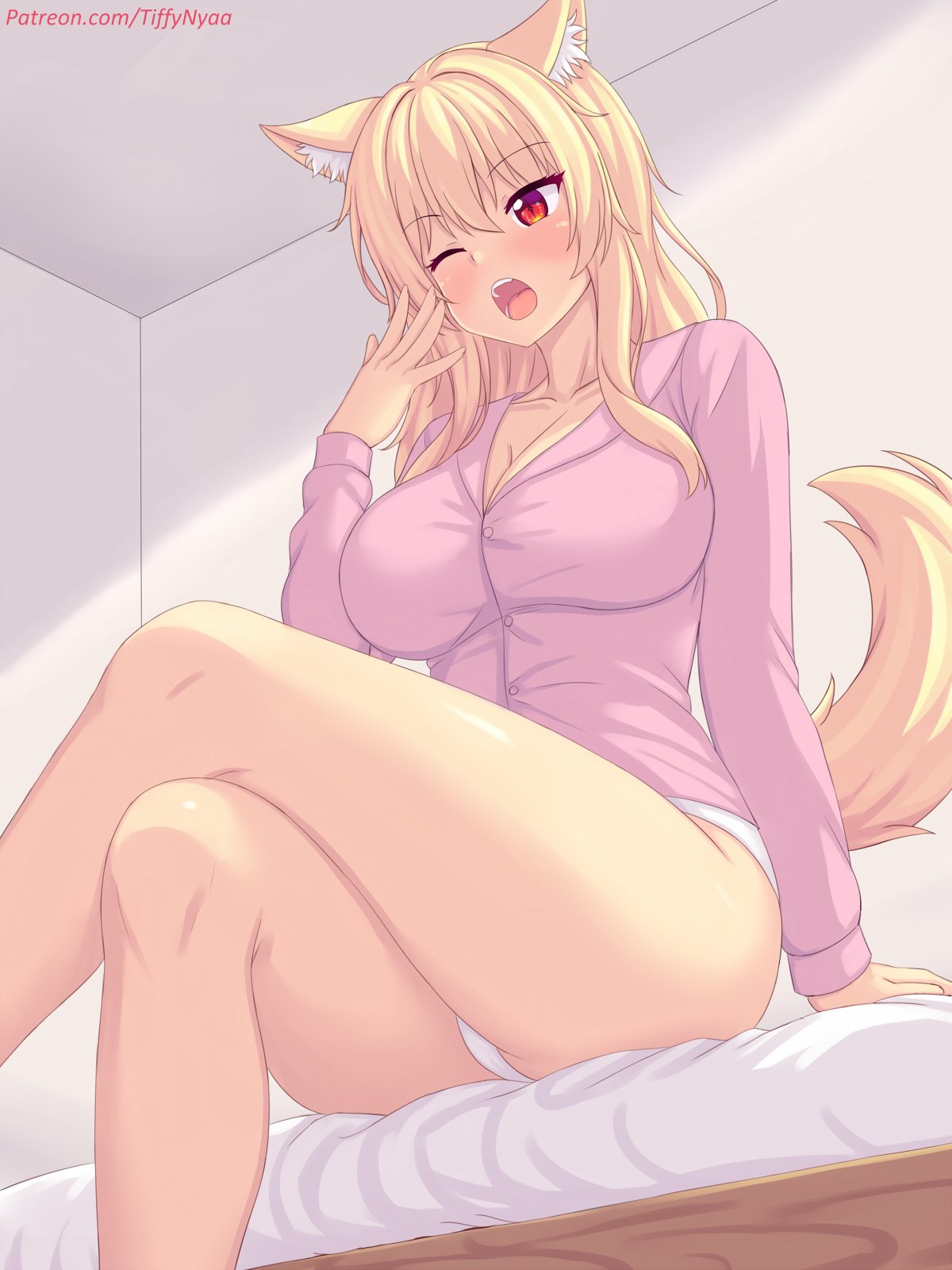 big_breasts blonde_hair breasts cat_ears catgirl cleavage panties tagme tail thick_thighs thighs tiffy tiffynyaa yawn