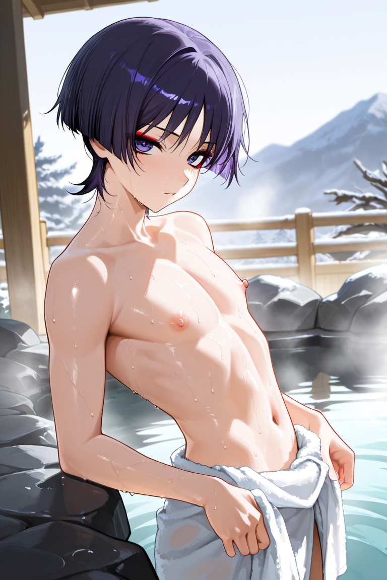 1boy ai_generated almost_naked bangs bangs_between_eyes blunt_ends erect_nipples eyeliner femboy femboy_focus femboy_only feminine_male foggy looking_at_viewer male male_only midriff navel nipples onsen partially_submerged purple_eyes purple_hair scaramouche_(genshin_impact) shigure_bl shiny_skin skinny slim slim_waist solo solo_focus solo_male standing steam steamy topless topless_male towel towel_around_waist wanderer_(genshin_impact) wet white_skin