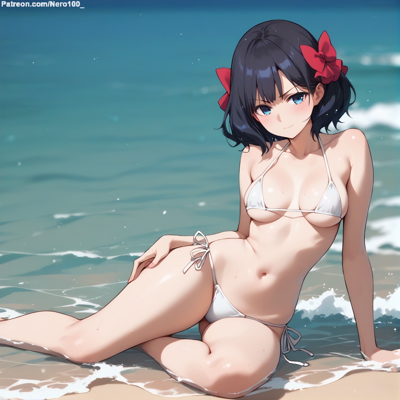 1girls, 2d, ai generated, ass, athletic, athletic female, bare shoulders, beach, belly, big ass, bikini, bikini bottom, bikini top, blue eyes, blush, breasts, chest, curvy, curvy figure, cute, cute face, detailed, eyelashes, eyeshadow, female, female only, fit, fit female, focus, hair ornament, high quality, hips, legs, light skin, light-skinned female, lips, lipstick, looking at viewer, makeup, mascara, medium hair, micro bikini, midriff, nageki no bourei wa intai shitai, navel, no penetration, outdoors, pale skin, pale-skinned female, perky breasts, posing, purple eyes, seductive, seductive look, short hair, stable diffusion, thick thighs, thighs, thin waist, tino shade, wide hips