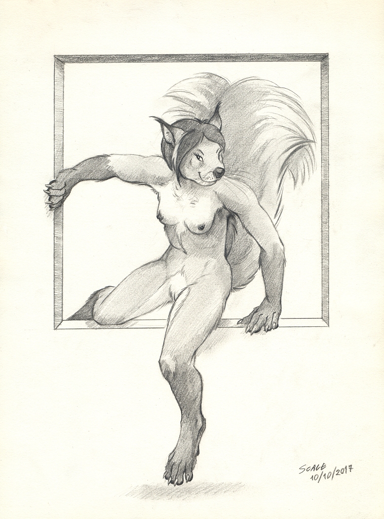 2017 anthro areola breasts chest_tuft erect_nipples eyelashes female fluffy fluffy_tail fur hair looking_at_viewer mammal monochrome nipples nude presenting presenting_pussy pussy raised_tail rodent scale_(artist) sketch smile solo spread_legs spreading squirrel thief traditional_media_(artwork) tuft whiskers window zoe