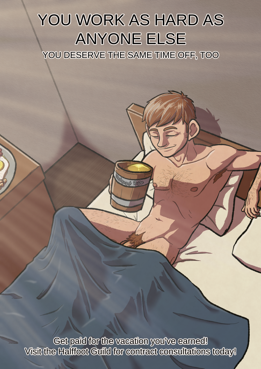 bed bed_sheets bedroom beer body_hair chest_hair chilchuck_tims covered_penis dungeon_meshi english_text halfling lewdt_pride male male_only nude nude_male sheets