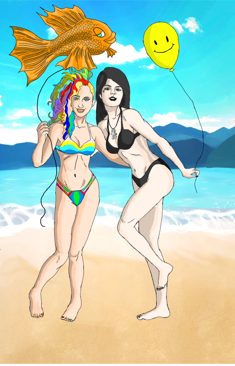 2girls beach bikini black_bikini black_hair colored_hair dc_comics death_of_the_endless delirium_of_the_endless deviantart deviantart_username fanart pale_skin posing samuelscl vertigo_comics