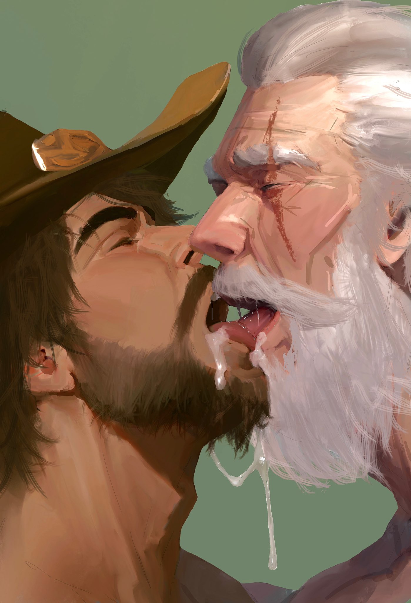 2024 2boys bara beard brown_hair closed_eyes cole_cassidy cowboy_hat cum cum_drip cum_in_mouth cum_kiss cum_on_beard cum_on_face daddy dilf hat kissing male male/male male_only no_visible_genitalia older_male overwatch overwatch_2 reinhardt scar scar_across_eye silver_fox silver_hair simple_background snowballing tongue_kiss white_hair wowcherrim