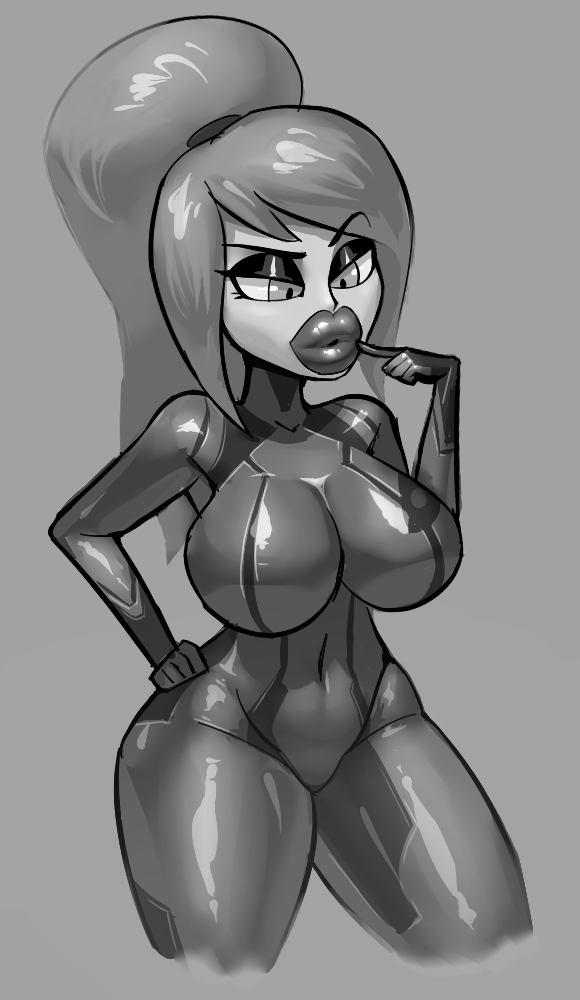 bimbofication bodysuit breast_expansion clothed eyeshadow female_only femsub finger_to_mouth greyscale hand_on_hip large_breasts large_lips lip_expansion lipstick long_hair makeup metroid monochrome nintendo noonun ponytail samus_aran simple_background solo zero_suit