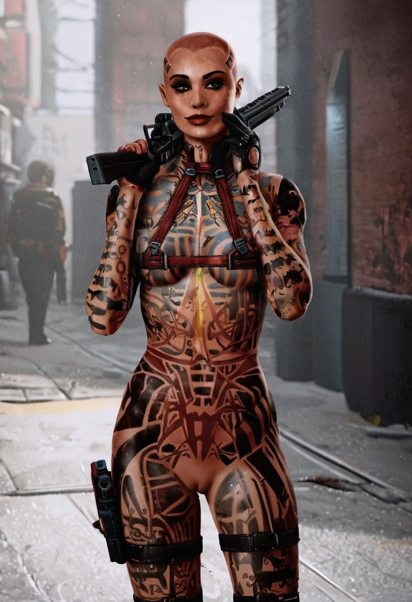 ai_generated alley belt_bra gun jack_(mass_effect) mass_effect nude public_nudity tattoo