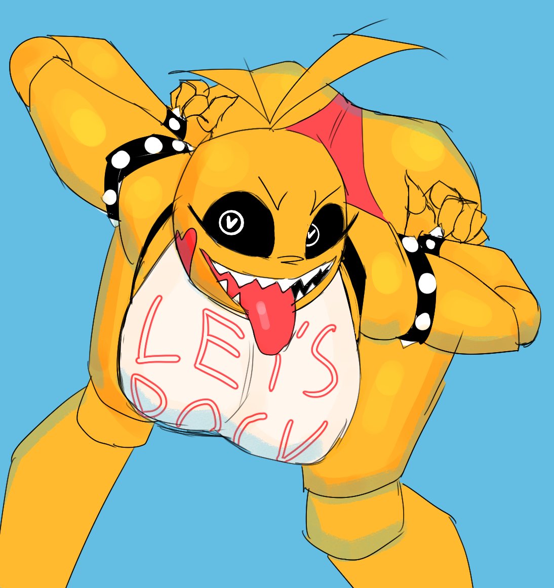 1girls arched_back ass avian avian_humanoid bib big_ass black_eyes black_sclera bracelet clothed feather_hair feathers five_nights_at_freddy's five_nights_at_freddy's_2 hair heart heart-shaped_pupils heart_symbol joints leaning_forward ngoolahan nipple_bulge open_mouth pink_panties robot robot_girl robot_humanoid robot_joints sharp_teeth spiked_bracelet teeth thong tongue tongue_out toy_chica_(fnaf) white_pupils wristwear yellow_body yellow_feathers