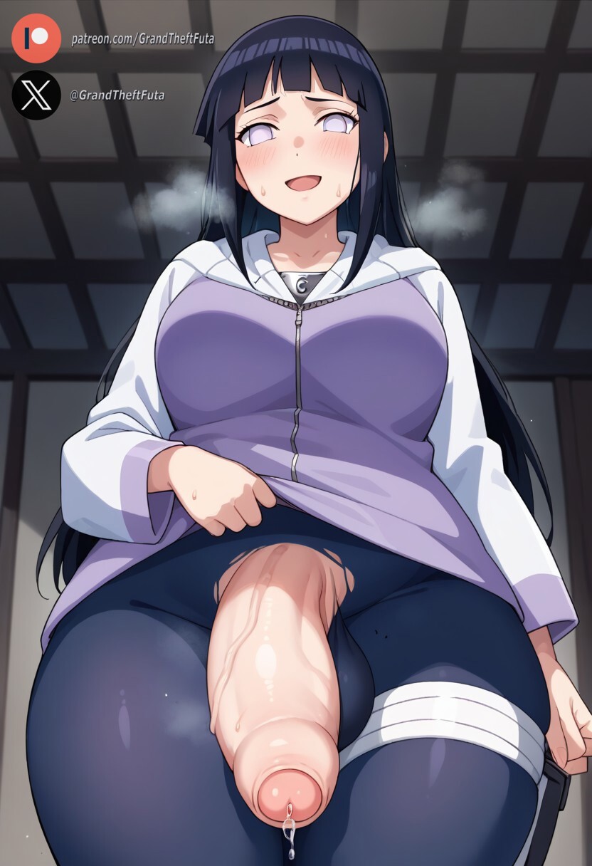 1futa ai_generated balls big_breasts big_penis black_hair blush clothing cock dickgirl flaccid foreskin futa_only futanari huge_cock hyuuga_hinata hyuuga_hinata indoors large_breasts light-skinned_futanari light_skin long_hair looking_at_viewer low-angle_view naruto naruto_(series) naruto_shippuden penis precum roxygtf smug solo standing sweat sweating sweaty_body white_eyes