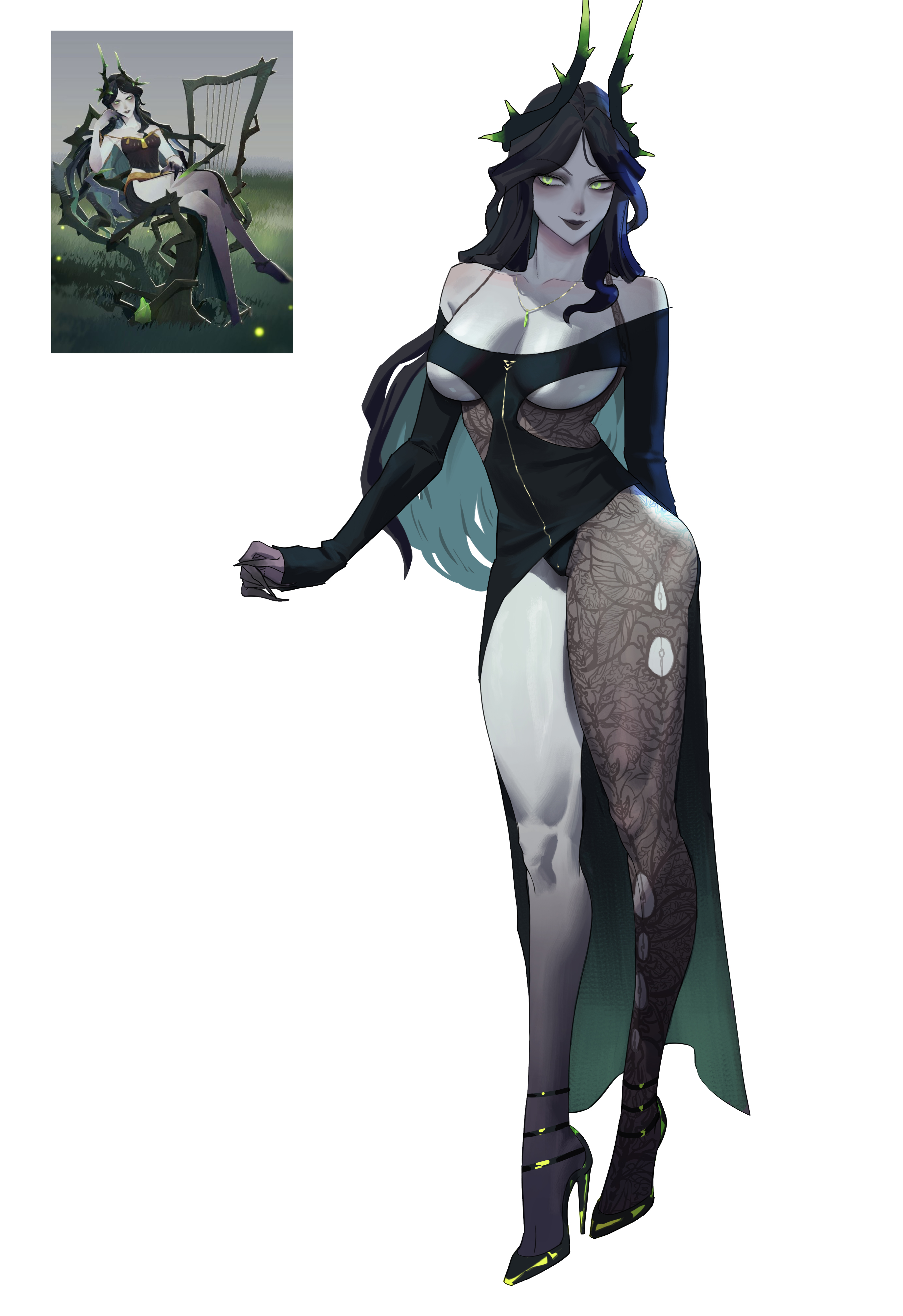afk (series), afk journey, bodysuit, cecia (afk), female, green eyes, grey skin, high heels, lace-trimmed thighhighs, tagme, wonbin lee