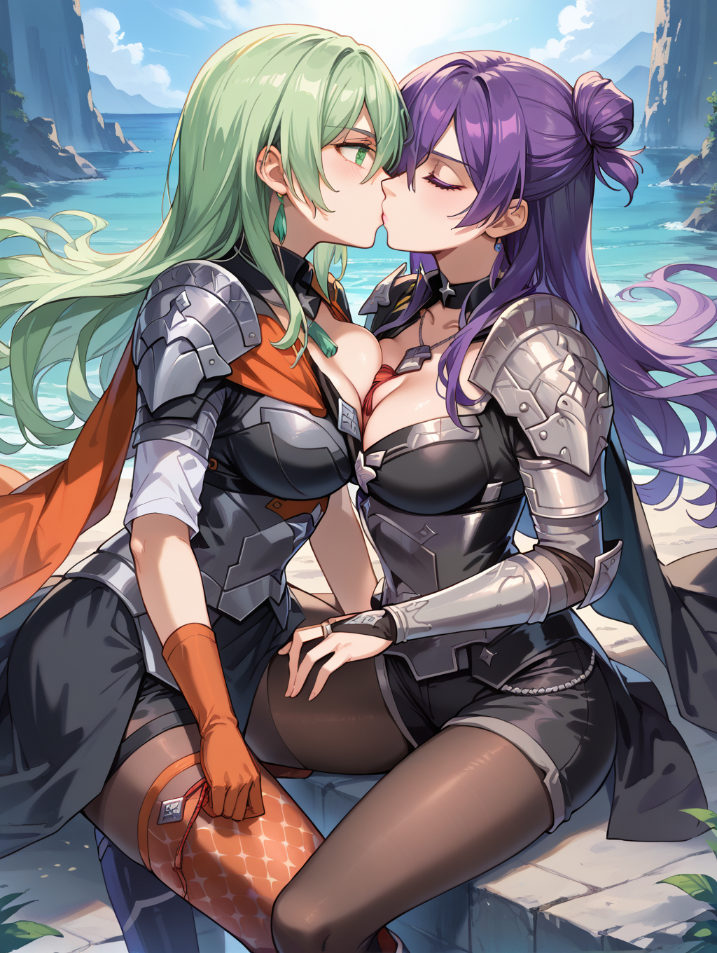 ai_generated armor armored_female beach big_breasts black_legwear blue_hair breast_squish byleth_(fire_emblem) byleth_(fire_emblem)_(female) clothing embracing hair_over_one_eye holding_hands kissing love making_out pendant purple_hair pushing_breasts_together sexy shez_(female)_(fire_emblem) shez_(fire_emblem) short_shorts tied_hair wearing_others_clothes