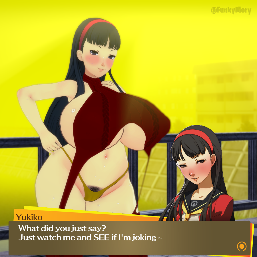 1girls 3d alternate_breast_size amagi_yukiko asian asian_female atlus big_breasts black_eyes black_hair blush blush_lines blushing_at_viewer breasts city city_background cityscape dialog dialogue female female_focus female_only fog foggy_background funkymery game_ui gameplay_mechanics hair_ornament hairband hairy_pussy hand_on_hip huge_breasts koikatsu light-skinned_female light_skin long_hair looking_at_viewer navel persona persona_4 red_hairband seductive seductive_look seductive_smile sega smile smiling_at_viewer solo solo_female solo_focus sweat sweatdrop sweating teasing text text_box yellow_background yellow_panties