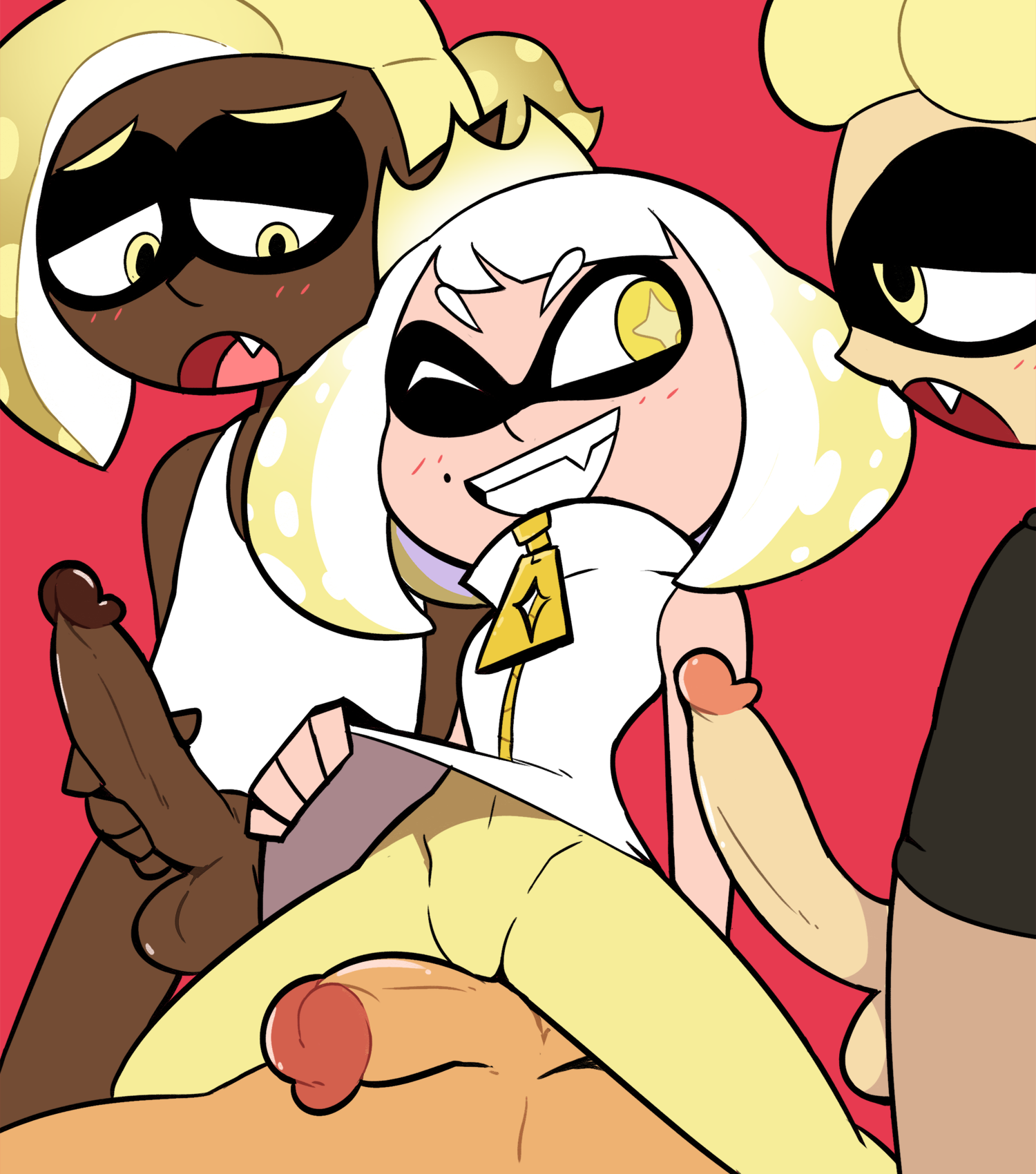 balls, big penis, breasts, cephalopod, dark skin, dark-skinned male, erection, female, huge cock, humanoid, humanoid penis, inkling, interracial, male, marine, miscon, nintendo, pearl (splatoon), penis, small breasts, smile, splatoon, squid, video games
