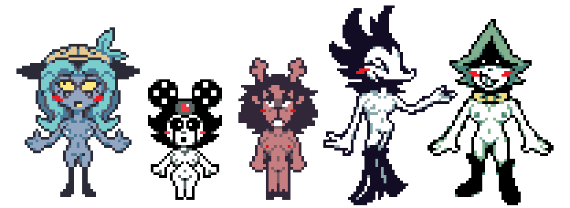 5girls accurate_art_style ann_(vision_crew) blush blushing_at_viewer camellia_(vision_crew) deltarune deltarune_(vision_crew) deltarune_chapter_3 deltarune_oc dess_holiday different_breast_sizes embarrassed embarrassed_nude_female eska_(vision_crew) female_focus female_only looking_away multiple_girls nat_(vision_crew) nude nude_edit nude_female sprite_art sprite_edit transparent_background