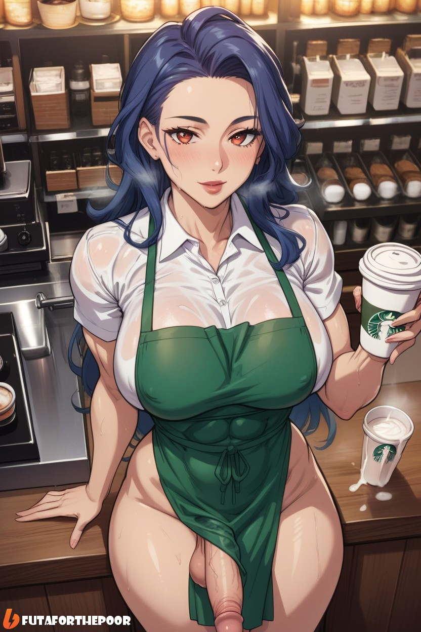 1futa abs ai_generated balls blue_hair brown_eyes cum cup dickgirl flaccid futaforthepoor futanari penis semen starbucks steam sweat uncensored