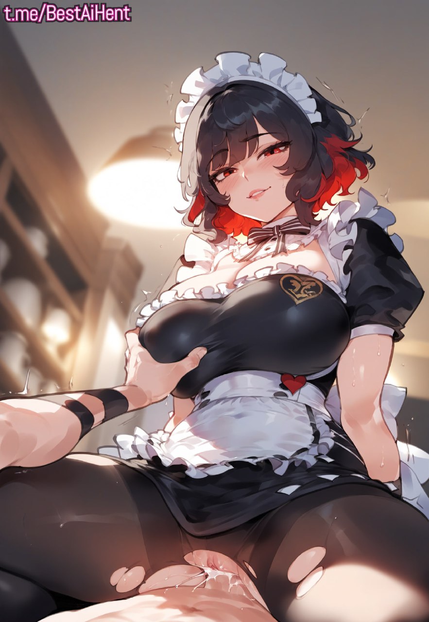 1boy1girl ai_generated big_breasts big_penis big_thighs black_hair breast_grab breasts cum cum_in_pussy cum_inside cum_on_penis ellen_joe front_view grabbing handwear hips hoyoverse huge_breasts huge_thighs latex light_skin maid maid_headdress maid_uniform miyuai pantyhose penis pussy pussy_juice red_eyes red_hair riding sex short_hair sitting smile torn_clothes torn_pantyhose wide_hips zenless_zone_zero