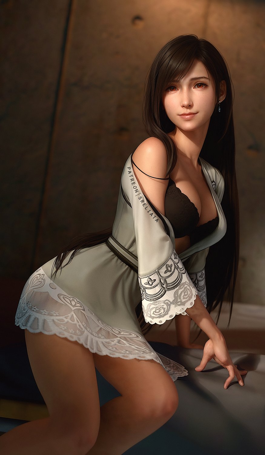 3d 3d_(artwork) artist_name bed bedroom black_bra black_hair black_underwear bra cleavage clothes_falling_off earrings final_fantasy final_fantasy_vii final_fantasy_vii_remake fit_female highres inviting lace_trim long_hair looking_at_viewer nightgown posing posing_for_the_viewer red_eyes seductive seductive_look see-through see-through_clothing smiling_at_viewer sreliata_(artist) tifa_lockhart toned