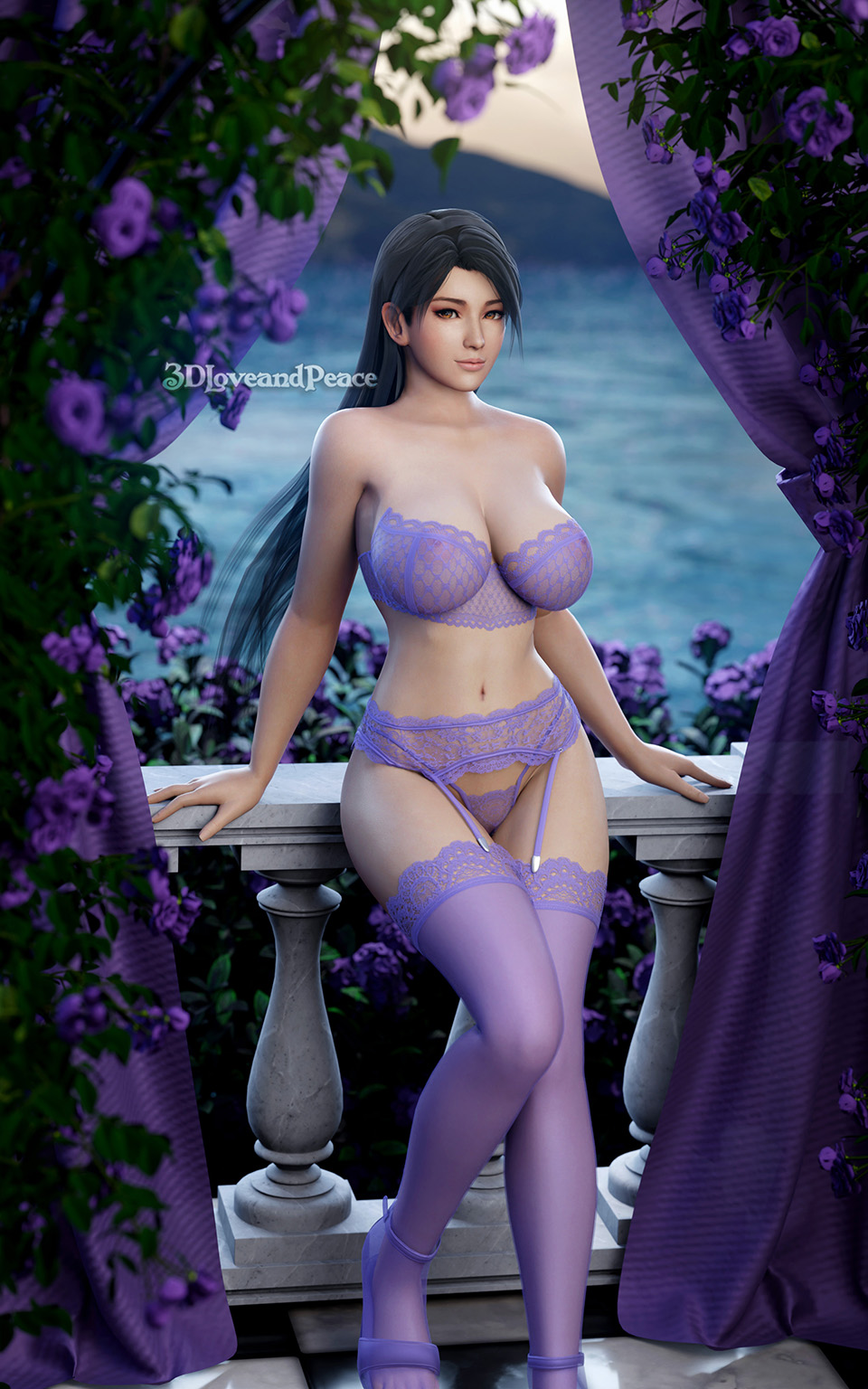 1girls 3d 3dloveandpeace alluring big_breasts black_hair bra brown_eyes cleavage dead_or_alive dead_or_alive_6 dead_or_alive_xtreme_venus_vacation kunoichi lingerie momiji_(ninja_gaiden) ninja_gaiden panties pin_up stockings tecmo underwear