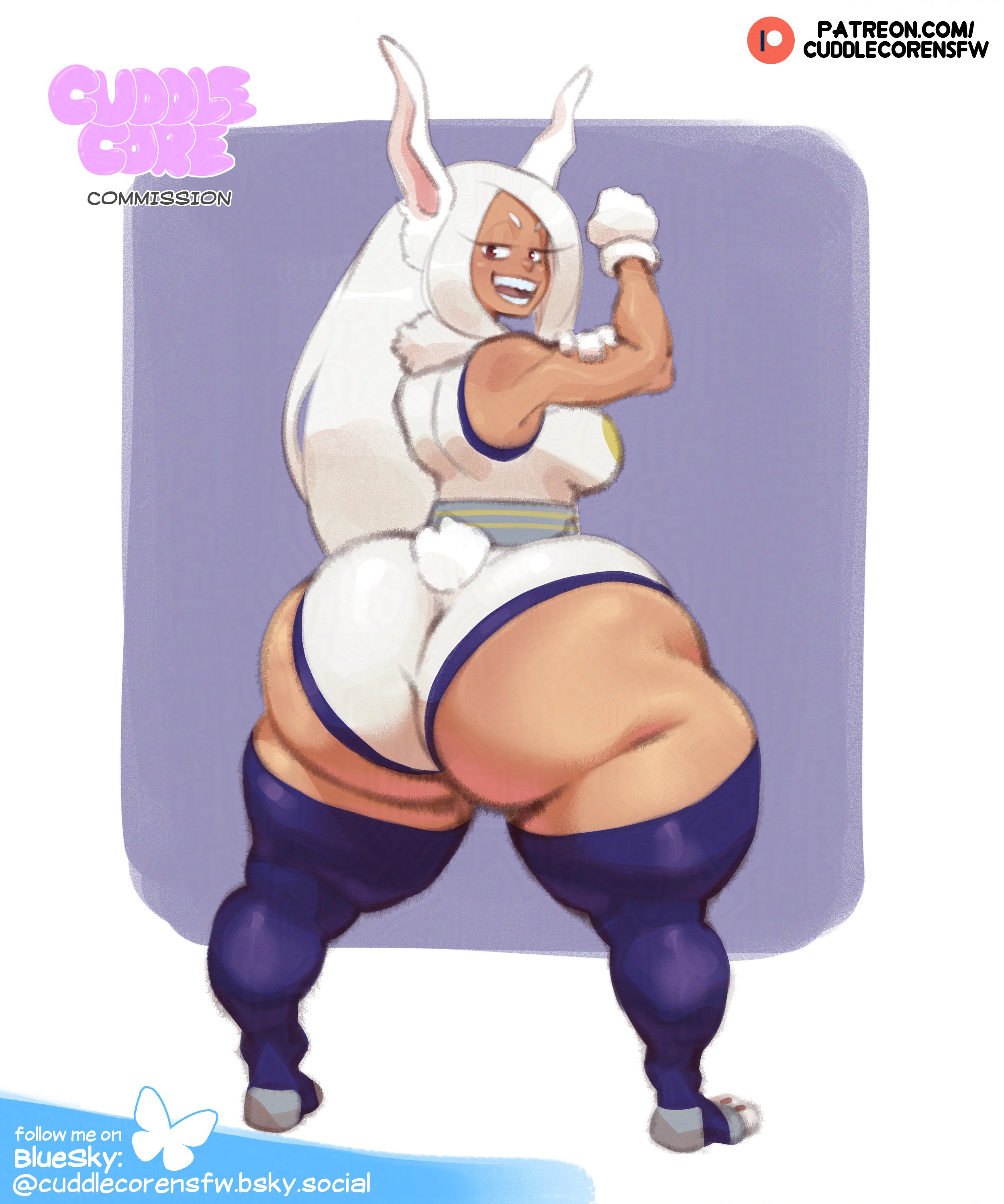 1girls, animal ears, ass, big ass, bottom heavy, bubble ass, bubble butt, cuddlecore, dark skin, dark-skinned female, fat ass, female, female only, hero outfit (mha), huge ass, large ass, miruko, my hero academia, rumi usagiyama, shortstack, solo, thick ass, thick thighs, thunder thighs, white hair, wide hips