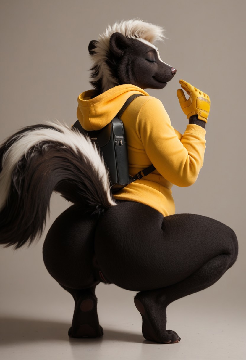 2024 ai_generated anthro anus ass backpack bottomless carnivalecloudmuncher closed_eyes clothed clothing female furry genitals gloves handwear hi_res hoodie mammal mephitid pussy raised_tail rear_view self_upload skunk smile solo tagme thick_thighs topwear yellow_clothing