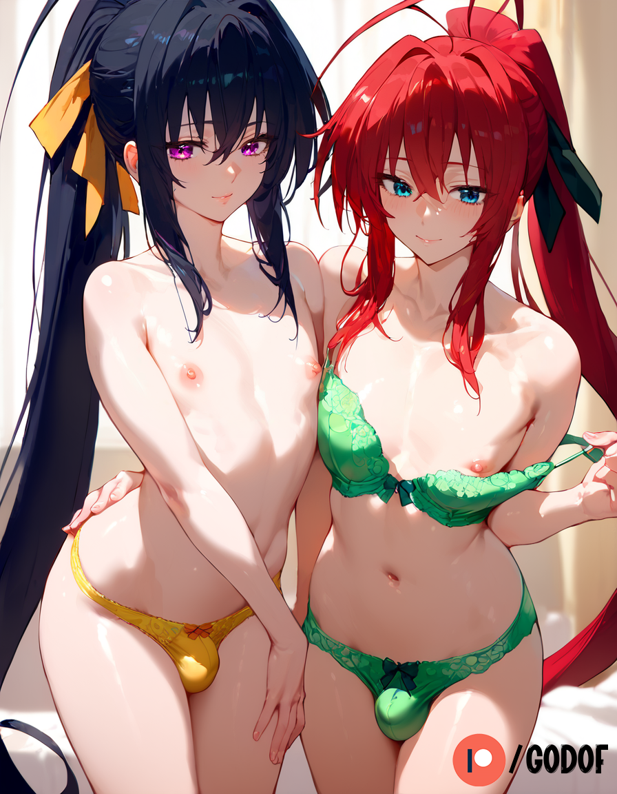 1boy 1femboy 2boys 2femboys ai_generated akeno_himejima femboy flat_chest gay genderswap genderswap_(ftm) godof high_school_dxd patreon rias_gremory rule_63 small_breasts small_penis underwear yaoi