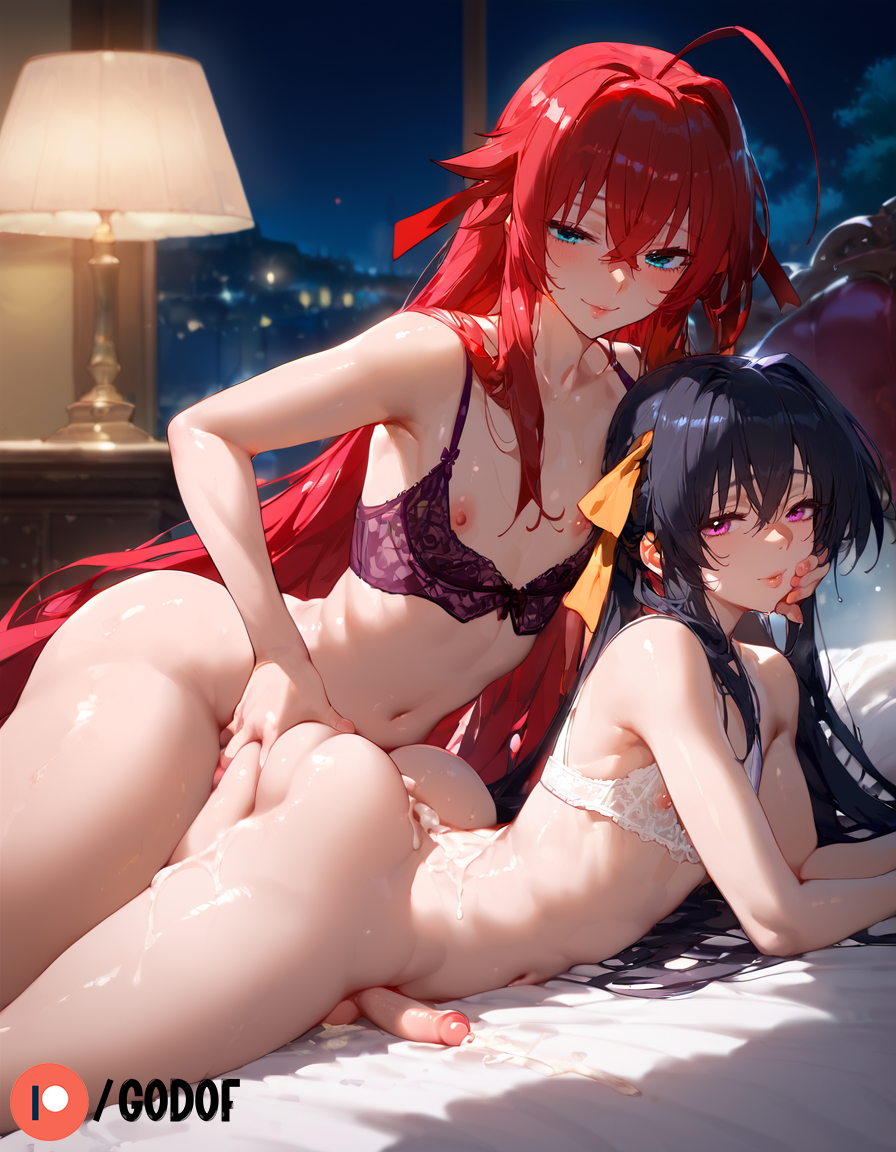 1boy 1femboy 2boys 2femboys ai_generated akeno_himejima anal femboy flat_chest gay genderswap genderswap_(ftm) godof high_school_dxd laying_on_bed male male_focus male_only patreon rias_gremory rule_63 sex small_breasts small_penis underwear yaoi