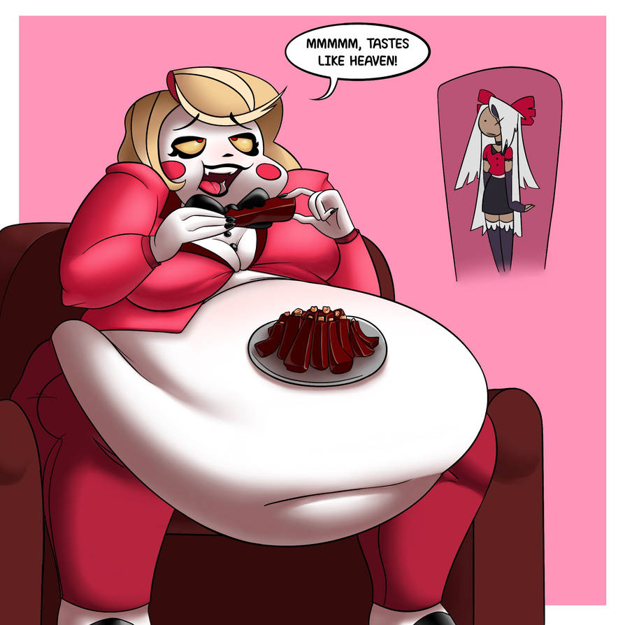 2girls charlie_morningstar_(hazbin_hotel) deep_navel eating fat_fetish female hazbin_hotel huge_belly looking_pleasured obese_female overweight ribs shocked_expression speech_bubble stuffing tagme tagme_(artist) talking vaggie_(hazbin_hotel) wardrobe_malfunction