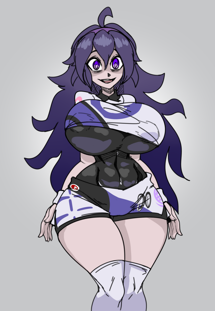 1girls ahoge breasts breasts_bigger_than_head busty curvy female female_only hairband hex_maniac huge_breasts knee_socks lewdreaper long_hair looking_at_viewer navel nipple_bulge open_mouth pale-skinned_female pale_skin pokemon purple_hair shaded_face shirt shorts skindentation smile solo sports_uniform swirly_eyes thick_thighs wristband