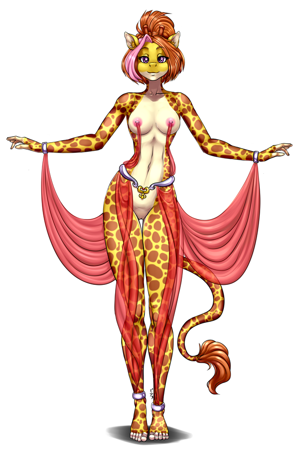 2017 anthro areola belly_dancer_outfit breasts celine_louison clothing feet female giraffe hair humanoid_feet looking_at_viewer mammal multicolored_hair nipples pia-sama purple_eyes pussy simple_background solo standing translucent transparent_clothing two_tone_hair white_background