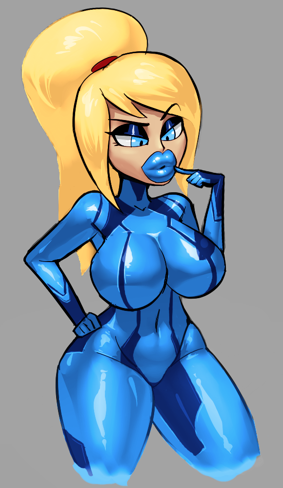 bimbofication bodysuit breast_expansion clothed eyeshadow female_only femsub finger_to_mouth greyscale hand_on_hip large_breasts large_lips lip_expansion lipstick long_hair makeup metroid nintendo noonun ponytail samus_aran simple_background solo zero_suit