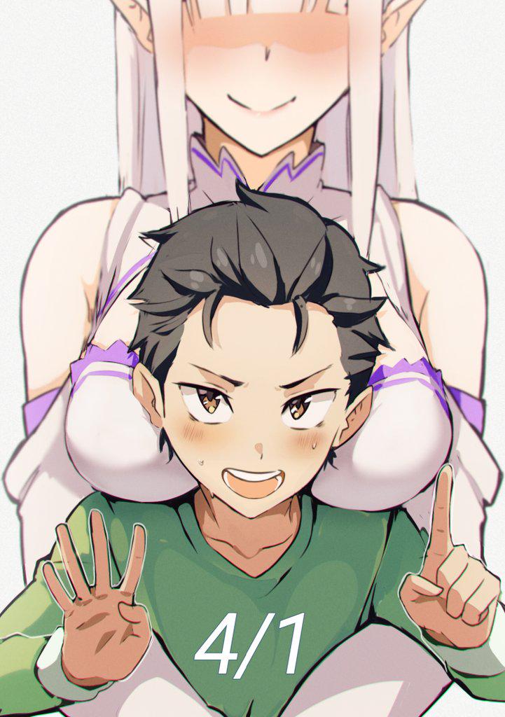 barto birthday emilia_(re:zero) large_breasts natsuki_subaru smile white_hair wholesome